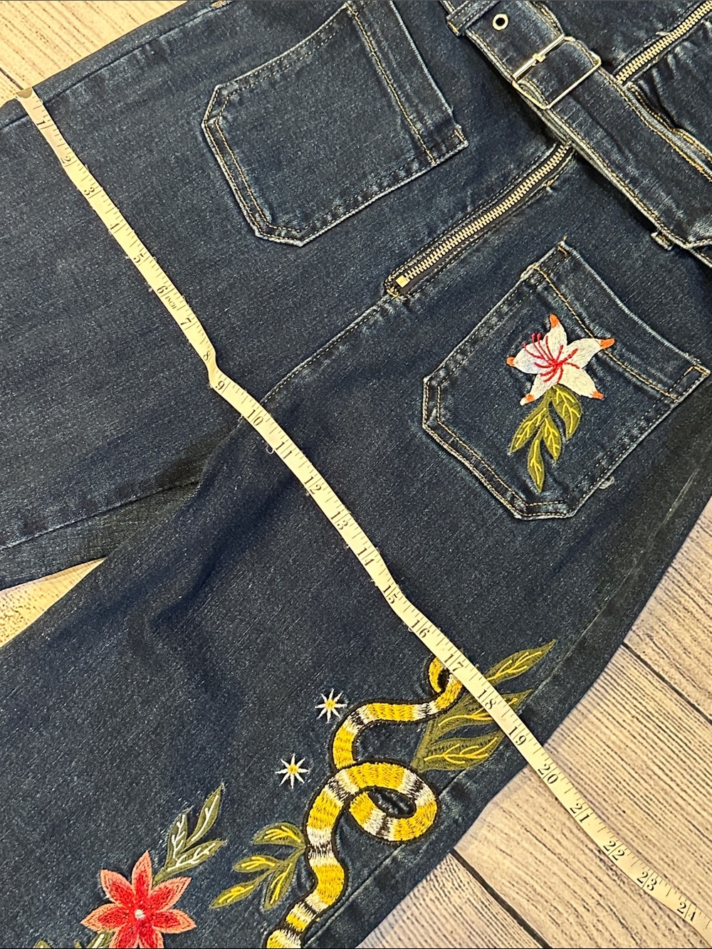 Peekskill Sz Large Embroidered Dark Blue Denim Jumpsuit with Belted Waist • NEW! - Picture 8 of 12